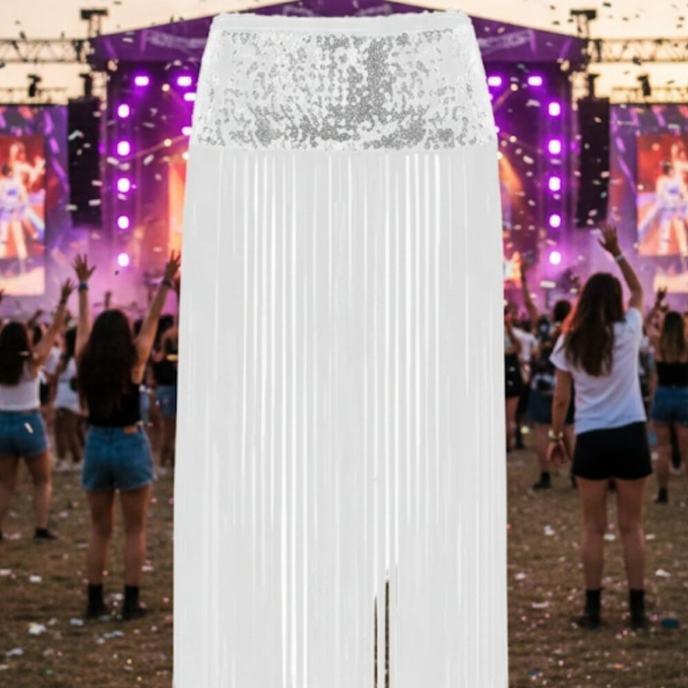 Festival White Fringe Maxi Skirt Silver Sequin Waist Statement Piece Silver